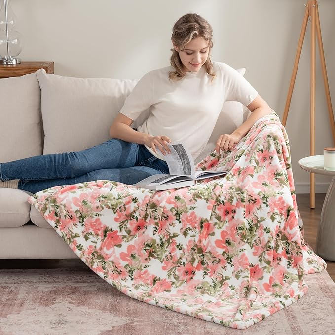 Berkshire Blanket-Classic Heavyweight Soft Printed VelvetLoft® Plush Throw Blanket, Cozy and Fuzzy, Abstraction Pink Green, 50in x 70in