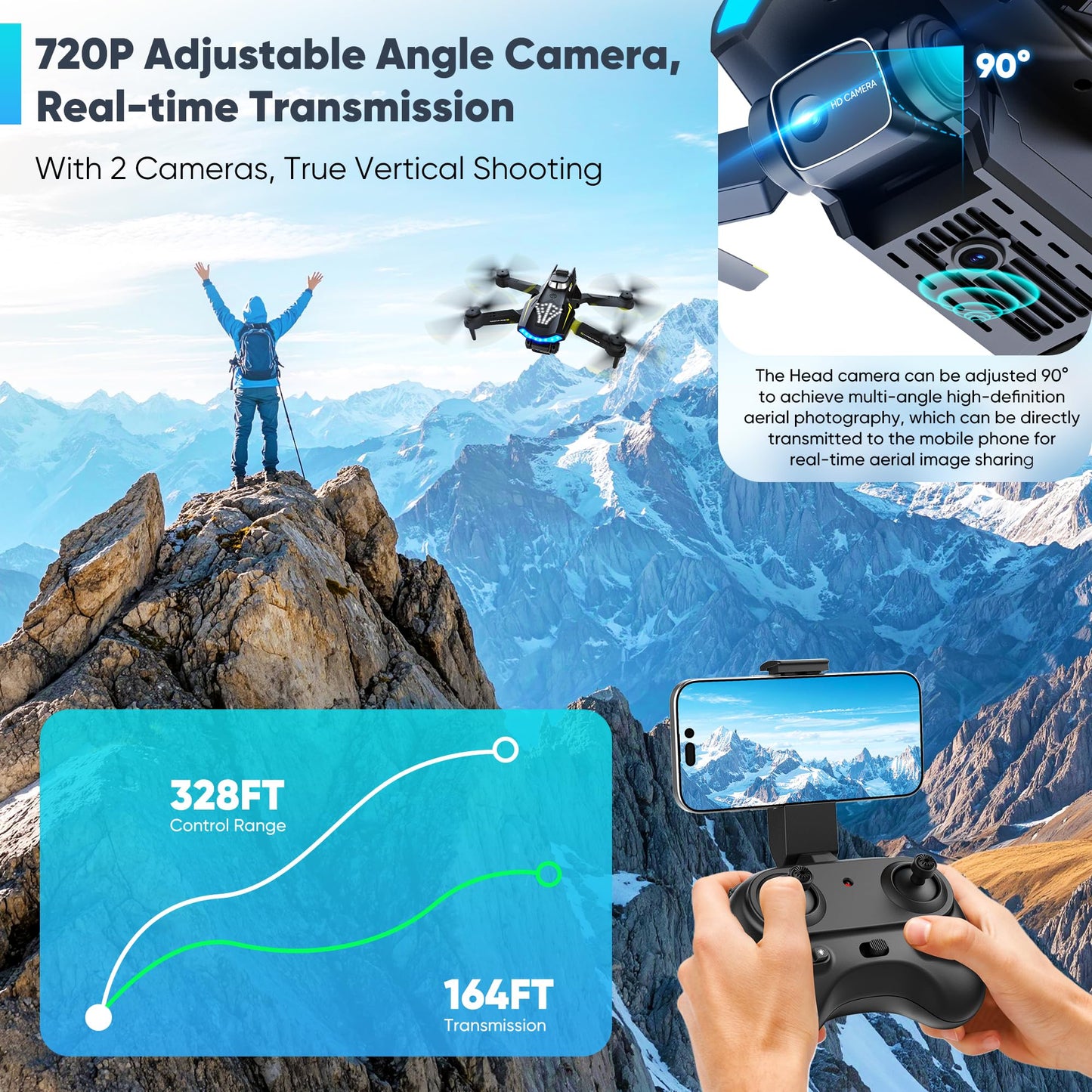 Flymevac Drone with Camera, Dual 720HD, Drone for Kids with Cool Lights, Gestures Control, Vertical Shooting, Waypoint Flight, Gravity Control, 3D Flip, 3-Speeds, Drones for Adults, Beginners, Kids
