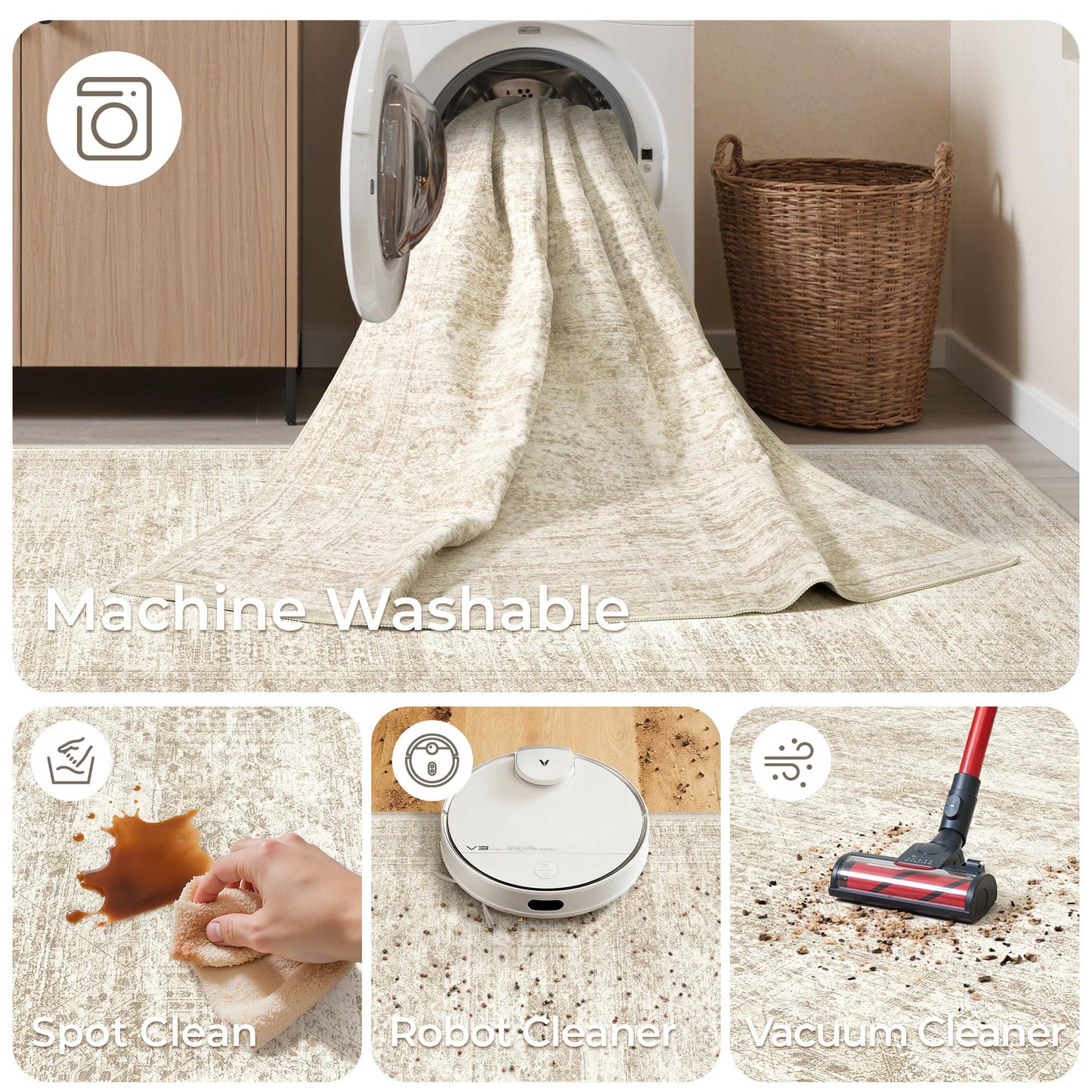 Restydon Rug Runners for Hallways Non Slip - 2x8 Runner Rug for Bedroom, Washable Runner with Rubber Backing, Soft Low-Pile Carpet for Kitchen, Laundry, Bathroom (2'x8', Beige/Ivory)