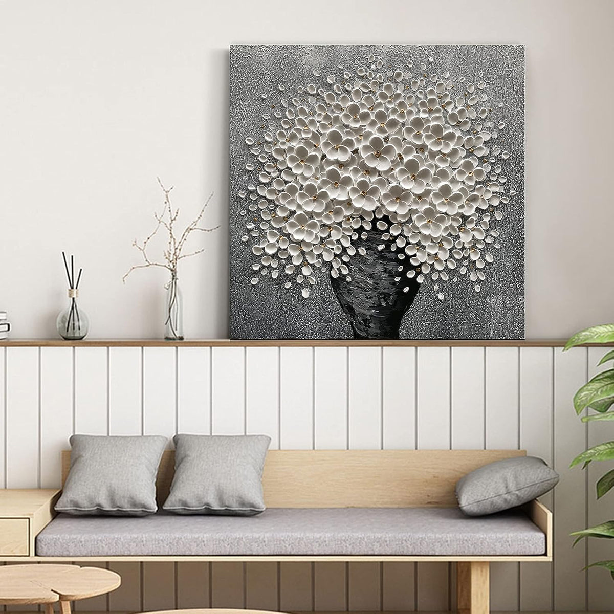 100% Hand-Painted White Flower Art Oil Painting, Modern Home Furnishing Canvas Painting Decoration, 3D Abstract Mural Painting,24x24 inch Frame Wall Art Hanging