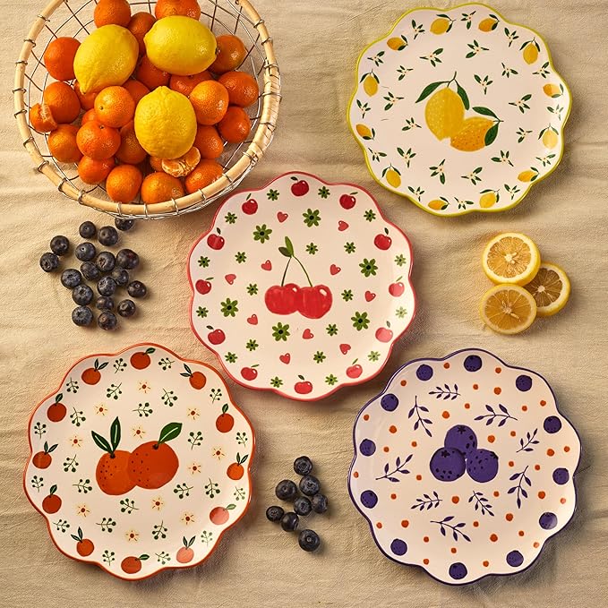 Bico Fruit Pop Scalloped Salad Plates Set of 4, 8.75 Inch Ceramic Dessert Plates for Salad, Appetizer, Side Dishes, Microwave and Dishwasher Safe, Gift for Housewarming and Thanksgiving