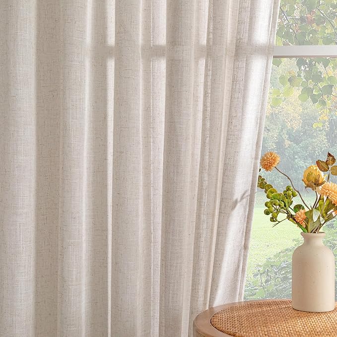MYSKY HOME Natural Linen Sheer Curtains 63 Inch Length for Bedroom, Window Curtain Panels Light Filtering Privacy Drapes Set, Boho Farmhouse Style Texture Soft Touch, 50" x 63", Linen, 2 Panels