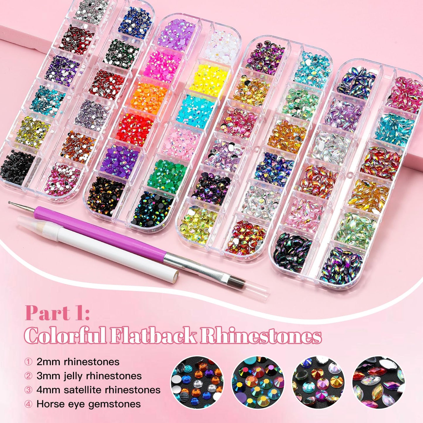 12 Boxes Nail Art Kit with Nail Charms, Gems, Rhinestones & Studs - Flatback Rhinestones, 3D Gold/Silver Charms, White Half Pearls, Pink Flower Charms, Star/Butterfly Sequins + 4 Tools for DIY Crafts
