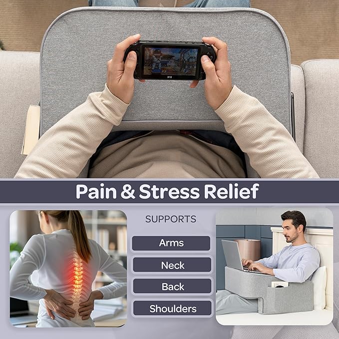 Lavish Home Multipurpose Memory Foam Desk Pillow - Lap Desk Pillow with Arm Rests, Storage Pockets, and Removable Washable Cover - Laptop Pillow for Reading, Gaming, Studying, and Working (Gray)