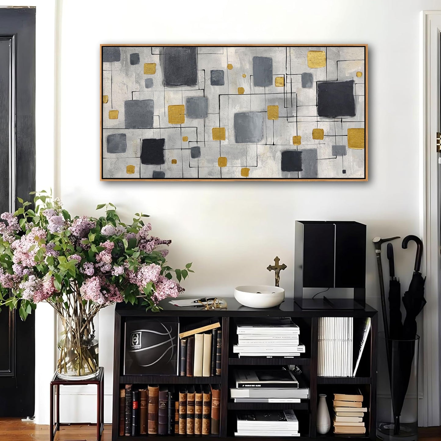 KLAKLA Modern Abstract Wall Art Poster - Black Gold Gray Neutral Decor for Living Room, Bedroom & Office, Unframed, Minimalist Abstract Design 40x20 Inches