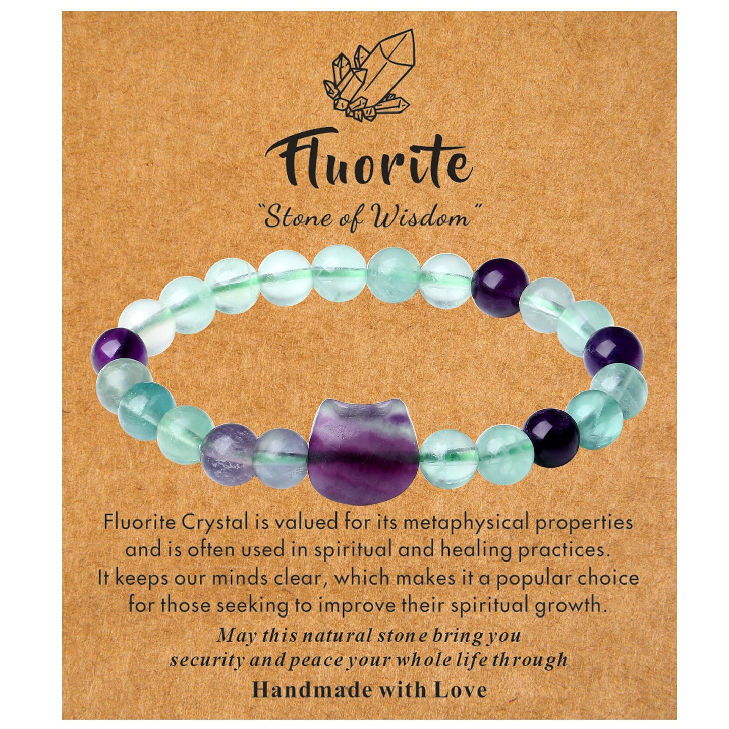 XIANNVXI Fluorite Bracelet for Women - Cute Cat Lover Gift - Natural Crystal Stretch Bracelet - 8mm Beaded Jewelry