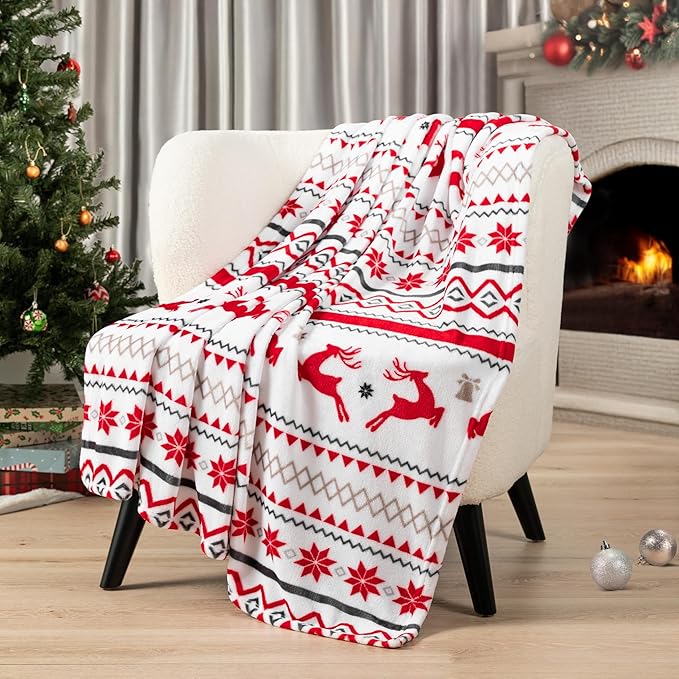 PAVILIA Christmas Throw Blanket | Holiday Christmas Reindeer Snowflakes Fleece Blanket | Soft, Plush, Warm Winter Cabin Throw, 50x60 (White Reindeer)