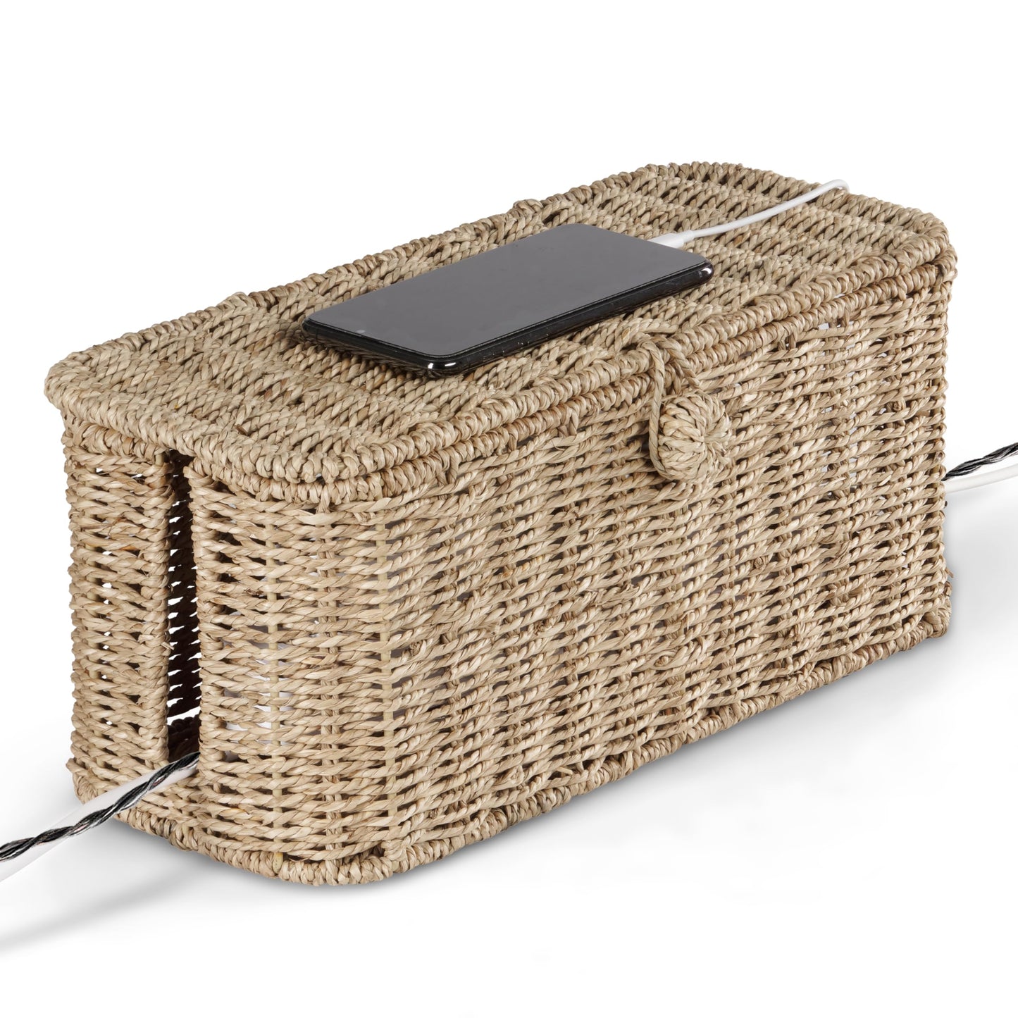 BLUEWEST Large Cable Management Box, Natural Rattan Cable Cord Organizer Boxes for Power Strip – 2 Open Slots Cords Hider Box for TV Wires, Computer, Router, USB Hub and Under Desk Power Strip