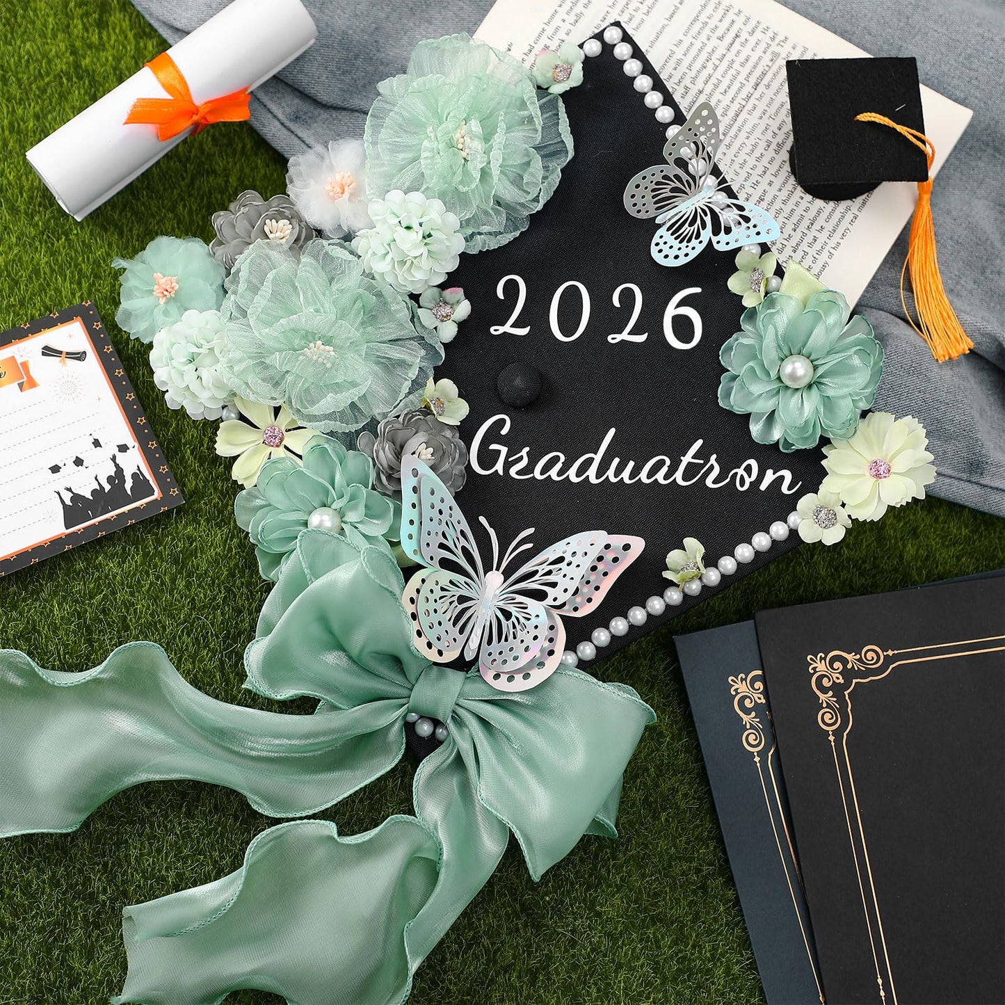 Solsew 35 Pcs DIY Graduation Cap Decorations Accessory Kit, 3D Artificial Flowers, Butterfly & Alphabet Letter Stickers, Pearl Stickers, Bowknot for Grad Hats Decor(Green)