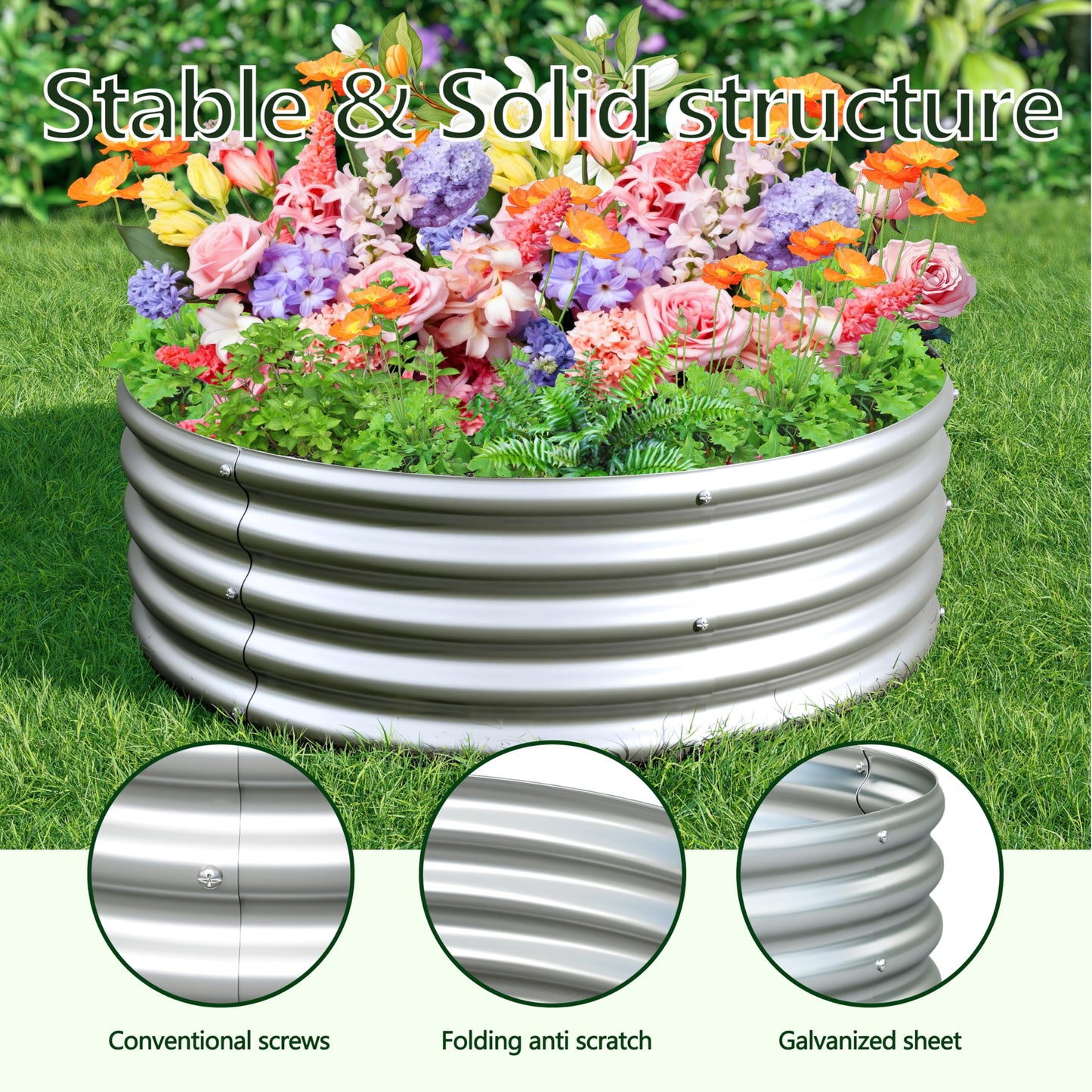 Henshwon 2PCS 3x3x1ft Galvanized Raised Garden Bed Kit-Round Garden Bed Outdoor Planter Box for Vegetables,Flowers,Herbs,Easy Assembly,Silver