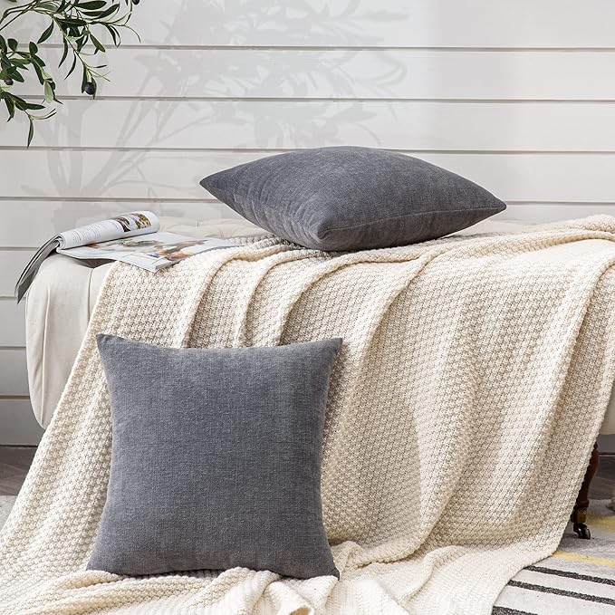 GAWAMAY Decorative Chenille Throw Pillow Covers 24x24 Inch Pack of 2, Soft Square Couch Pillow Cover for Sofa Cushion Living Room Bedroom Solid Dyed Pillowcases Grey 60x60cm (ONLY Covers)