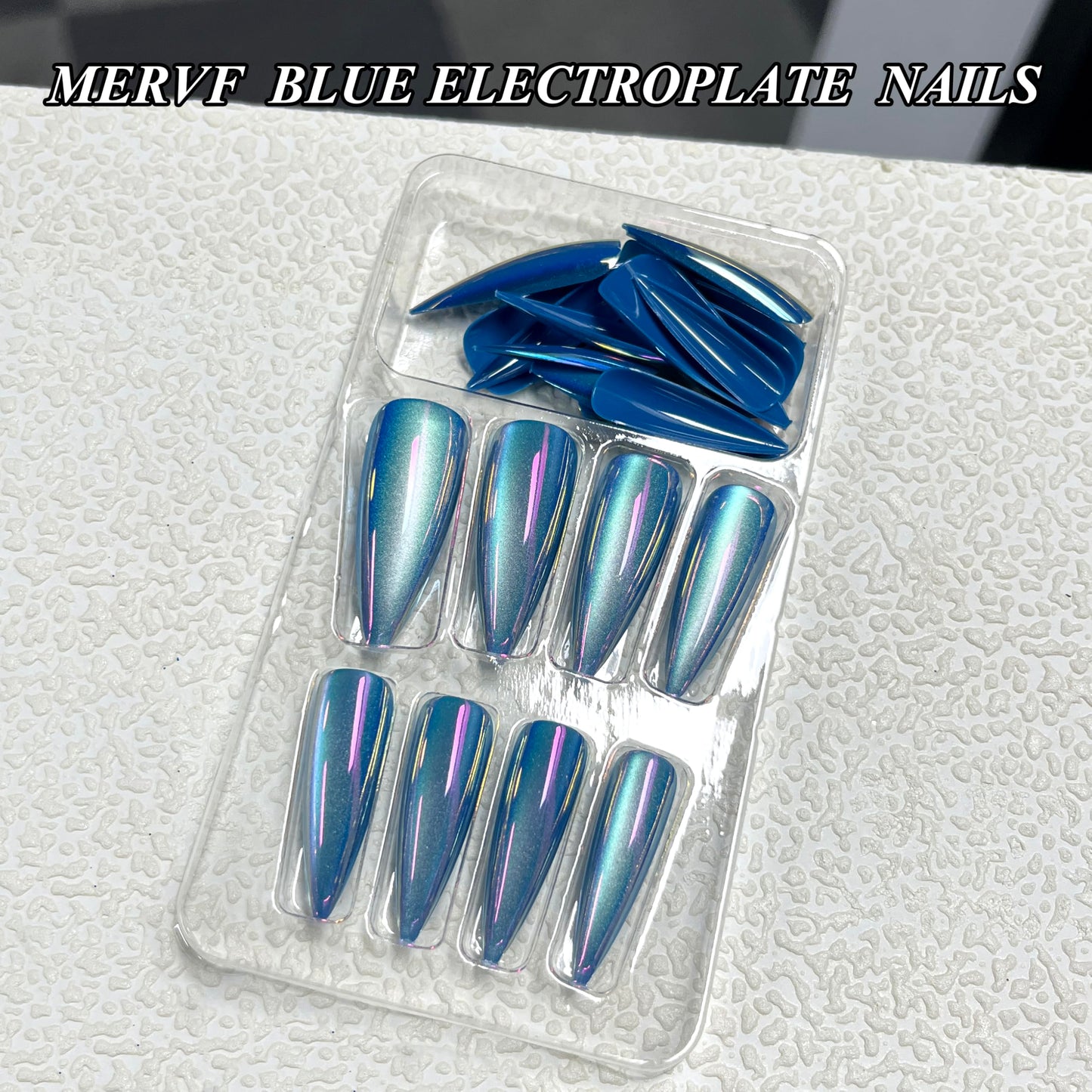 MERVF Long Press on Nails Stiletto Fake Nails Blue Cat Eye Glue ons with Electroplate Chrome Design Almond Acrylic False Nail for Women Glossy 24pcs