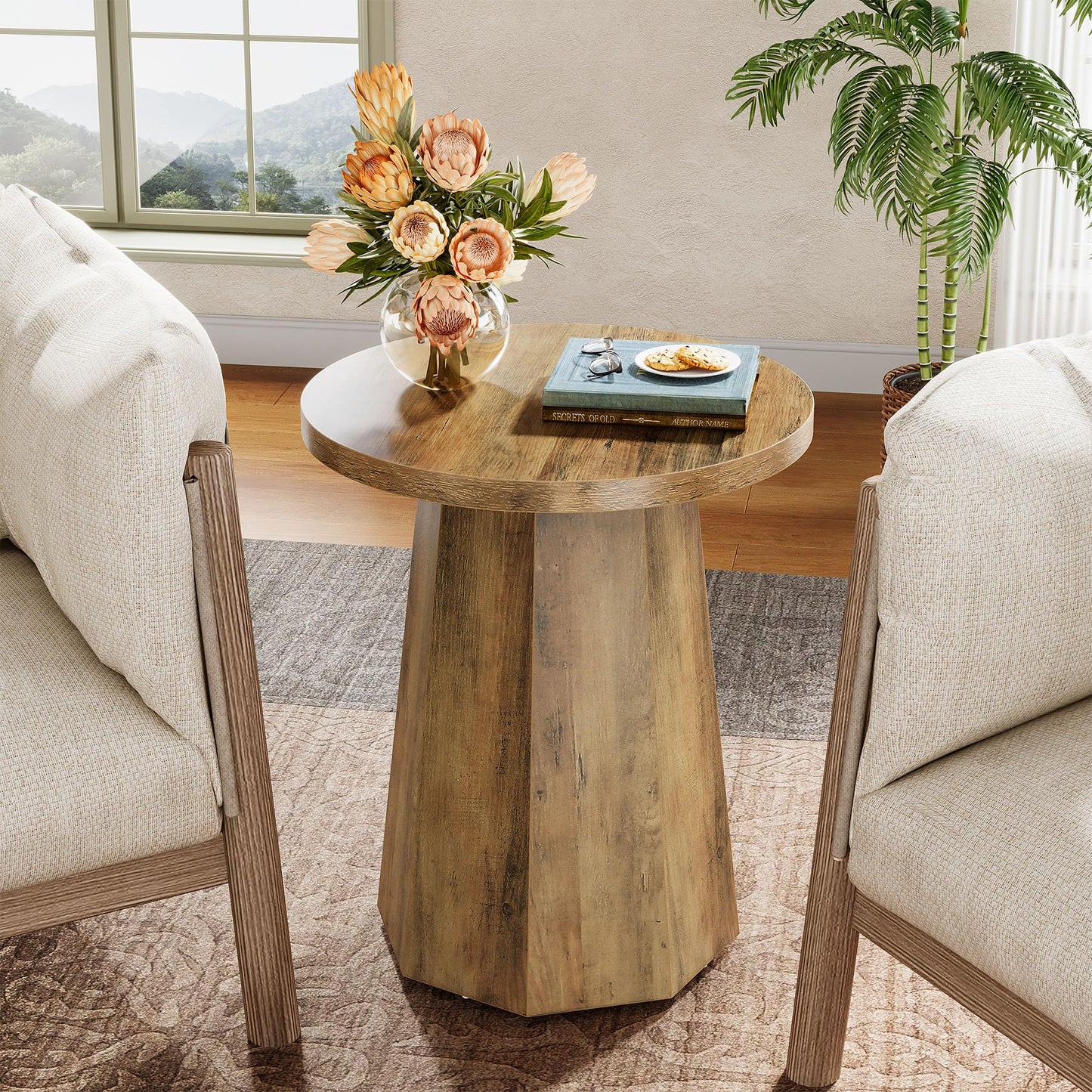 Tribesigns Round Pedestal End Table, Farmhouse Couch Side Table with Octagonal Base, Wooden Drink Stand Accent Nightstand (1, Rustic Brown)