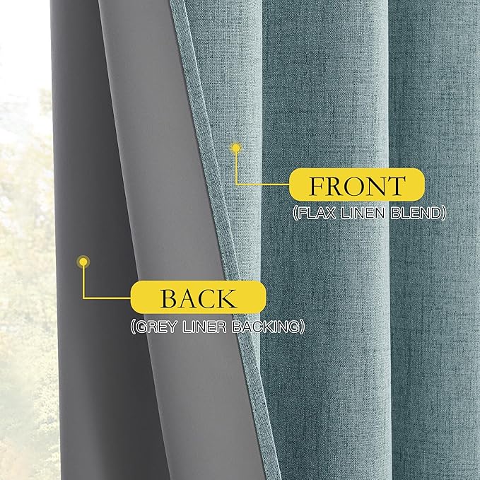 NICETOWN 100% Absolutely Blackout Linen Curtains with Thermal Insulated White Liner, Skylark Blue, 52 inches Wide, 48 inches Length Energy Saving Curtains for Cafe 2 Panels Set, Vertical Blinds