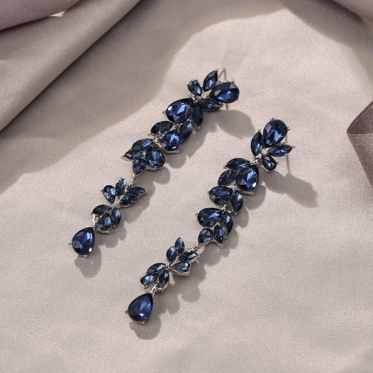 EVER FAITH Rhinestone Crystal Chandelier Earring for Women, Art Deco Marquise Teardrop Bridal Long Dangle Drop Earrings for Prom Sapphire Blue