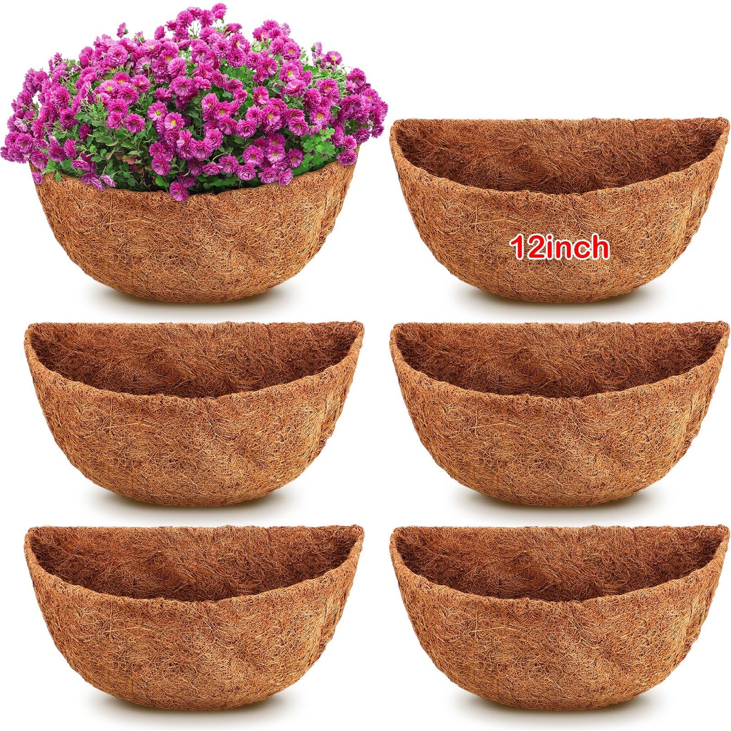 Singhoow 6 Pcs 12 Inch Half Round Replacement Coco Liner Half Circle Coconut Fiber Replacement Coco Liners Hanging Basket for Hanging Basket Wall Baskets Garden Planter Flower Pot