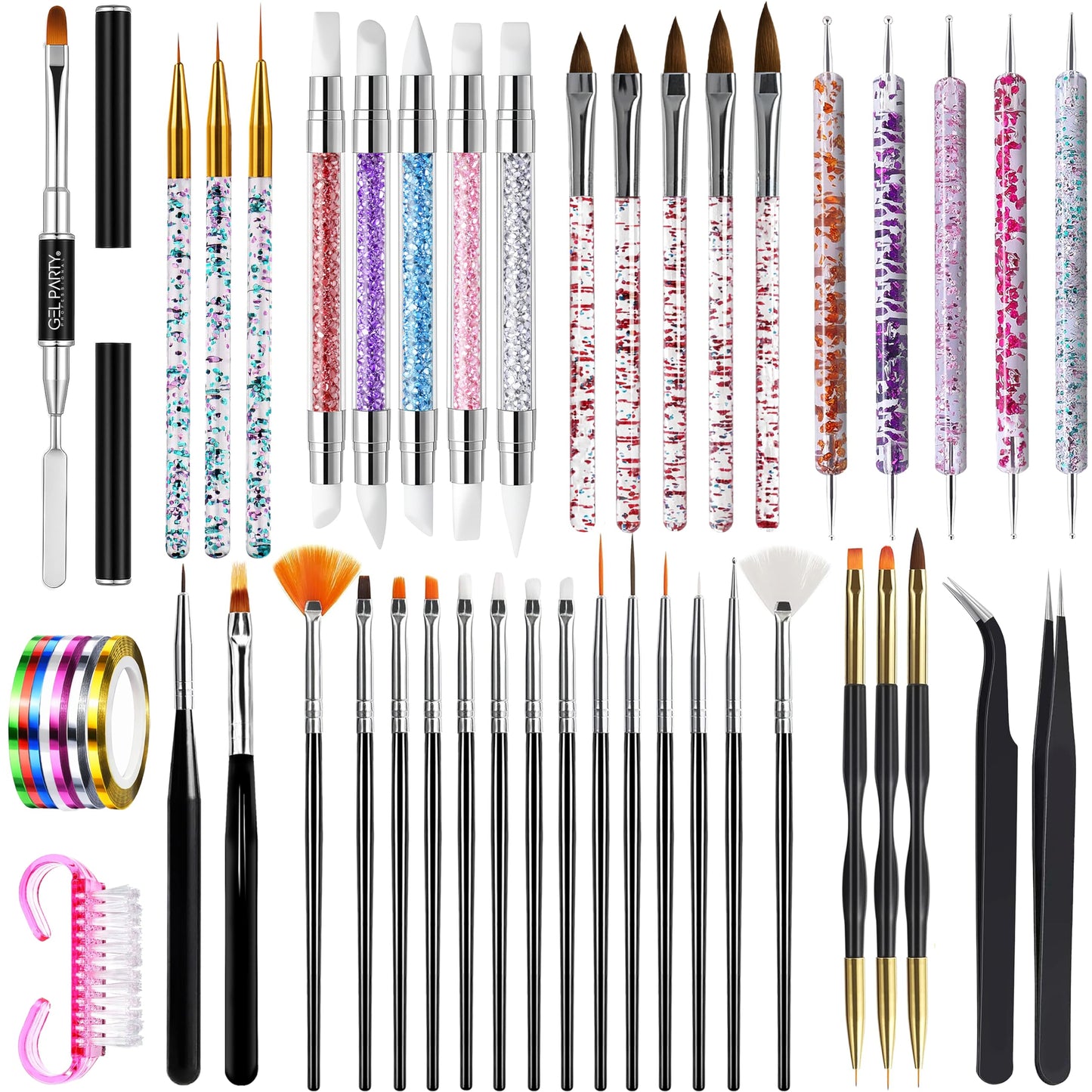 GELPARTY 49 PCS Nail Art Brush Set with Dotting Tools, Liner Brushes, Silicone Sculpting Tools & Tweezers – Professional Nail Design Kit for Acrylic, Poly Gel, Builder, DIY & Salon Use