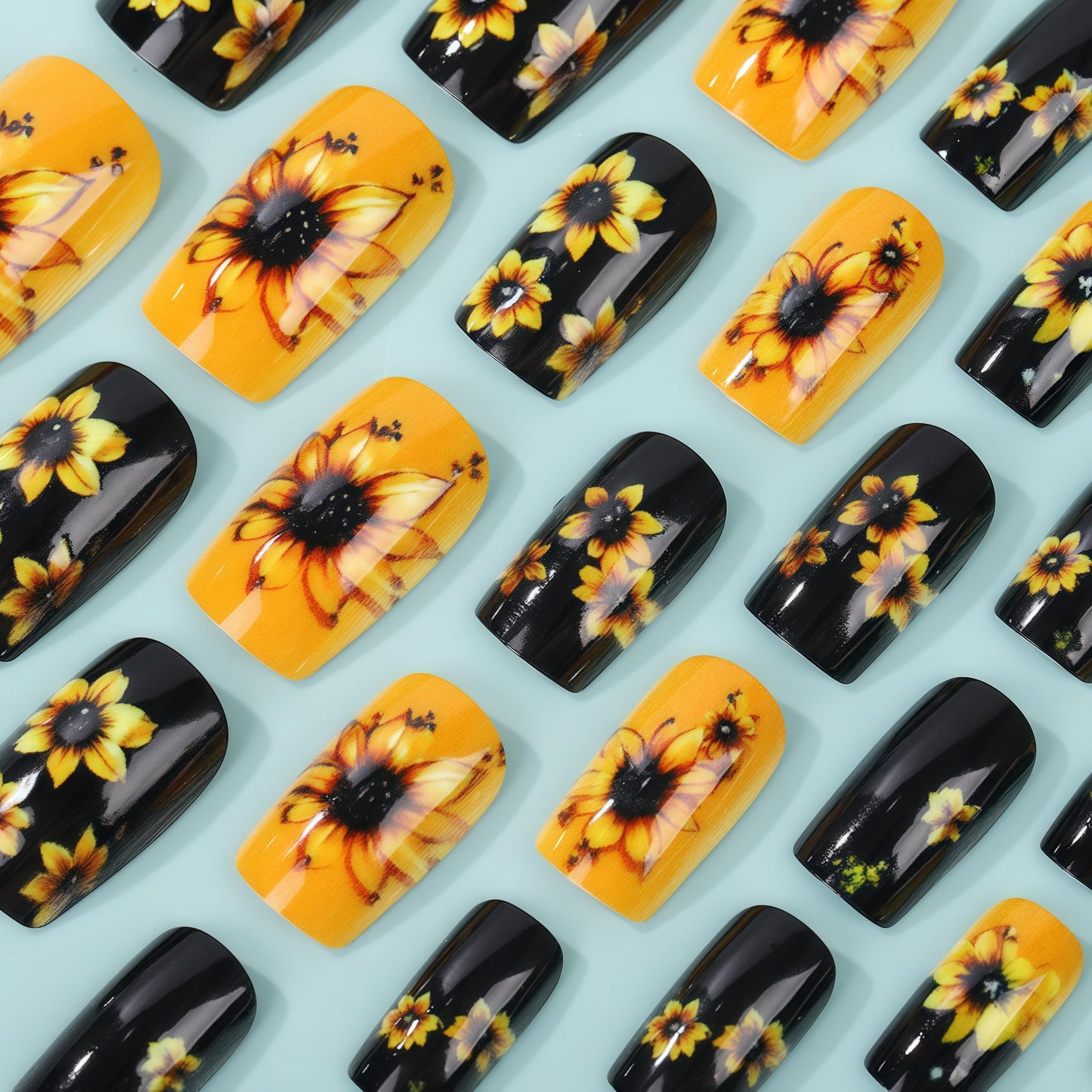 24Pcs Black Press on Nails Medium Coffin Spring with Cute Sunflower Design Glossy Fake Nails Full Cover Orange Sunflower Acrylic Nails for Women Girls DIY Manicure Decorations