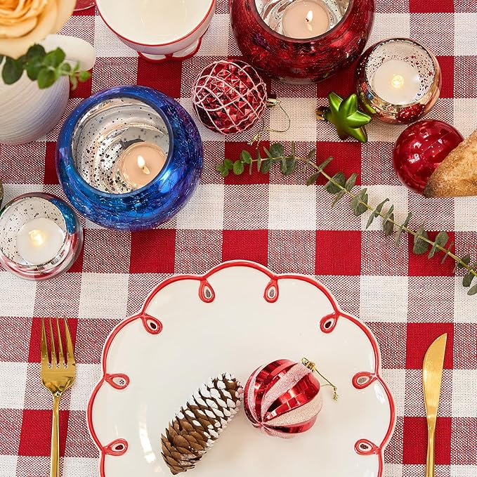 Table Cloth Rectangle Table-Rustic Gingham Tablecloth Buffalo Plaid Table Cloth for Thanksgiving Christmas Kitchen Dining Room (55x102 Inch,Red and White)