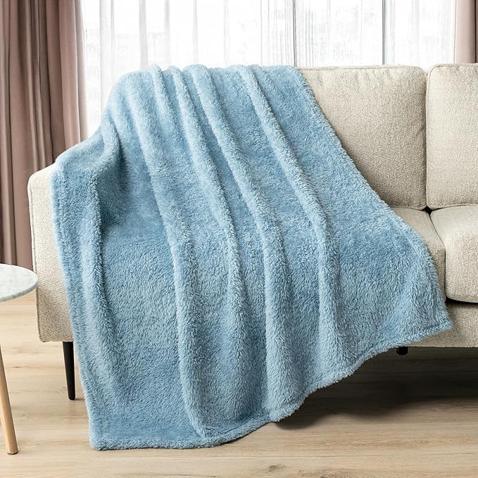 PAVILIA Sherpa Throw Blanket for Couch Sofa, Dusty Slate Blue Fluffy Warm Plush Blanket for Bed, Cozy Super Soft Lightweight Throw, Fuzzy Decorative Blanket, All Season Home, 50x60