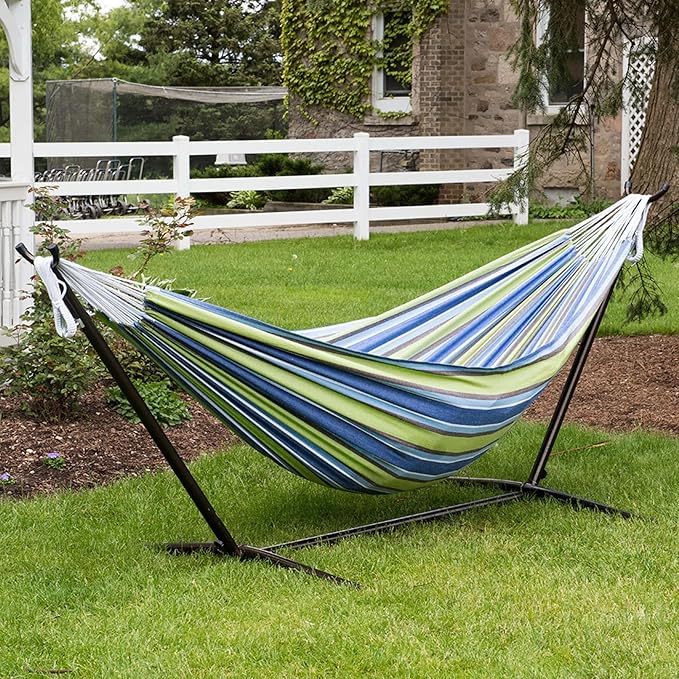 Vivere Double Cotton Hammock with Space Saving Steel Stand, Upgraded Polyester End Strings 450 lb Capacity - Premium Carry Bag Included - USA Grown Cotton (Oasis)