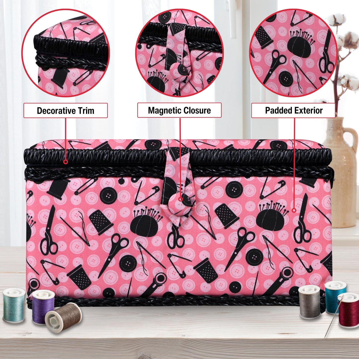 SINGER 07276 Sewing Basket with Sewing Kit Accessories, Pink & Black,