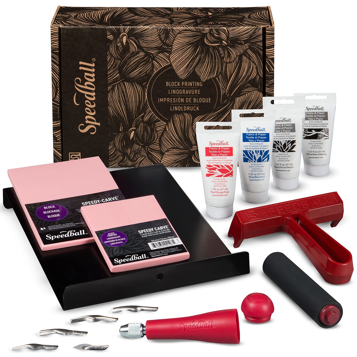 Speedball Deluxe Linocut Block Printing Kit, for Fabric, 14 Pieces, Includes Inks, Brayer, Bench Hook, Lino Handle and Cutters, Speedy-Carve Relief Blocks
