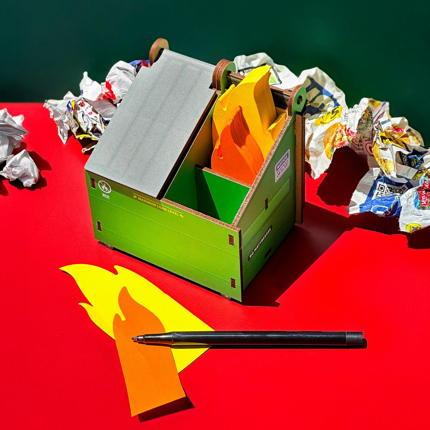 Genuine Fred Desk Dumpster Pencil Holder with 100+ Flame Note Cards, Funny 3-Compartment Organizer for Office Supplies, Desk Caddy for Work or Home