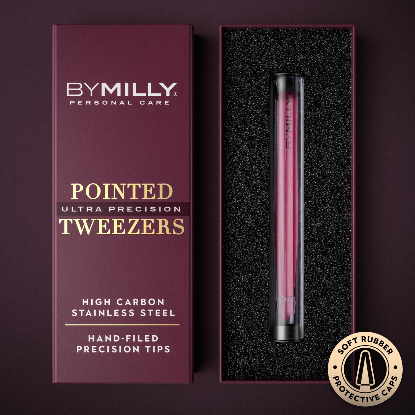 By MILLY Pointed Tweezers | High Carbon Stainless Steel Needle Nose | Fine Point Precision Hair Removal | Perfectly Aligned & Hand-Filed Sharp | Pink