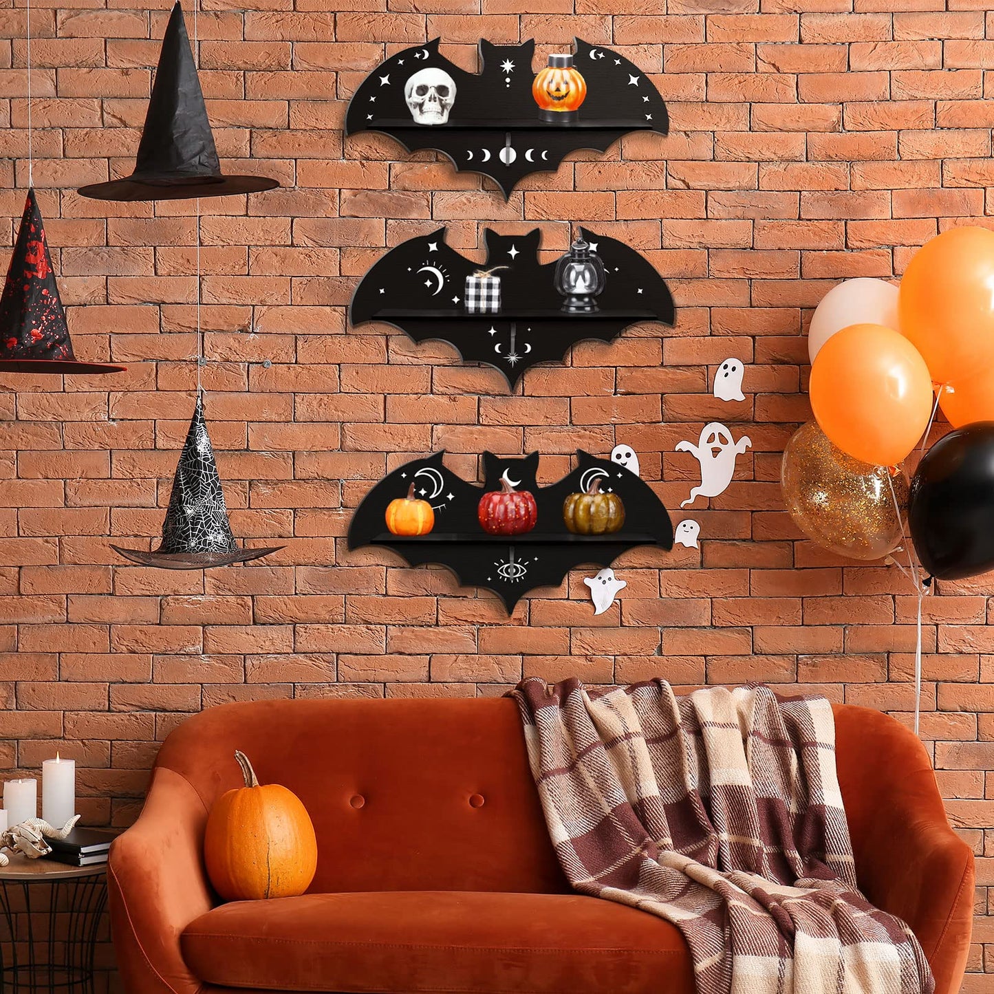 Geetery 3 Pcs Bat Shelf Gothic Decor Witchy Crystal Shelf Spooky Coffin Wall Hanging with Hooks Floating Black Wooden Room Decor for Crystal Keys