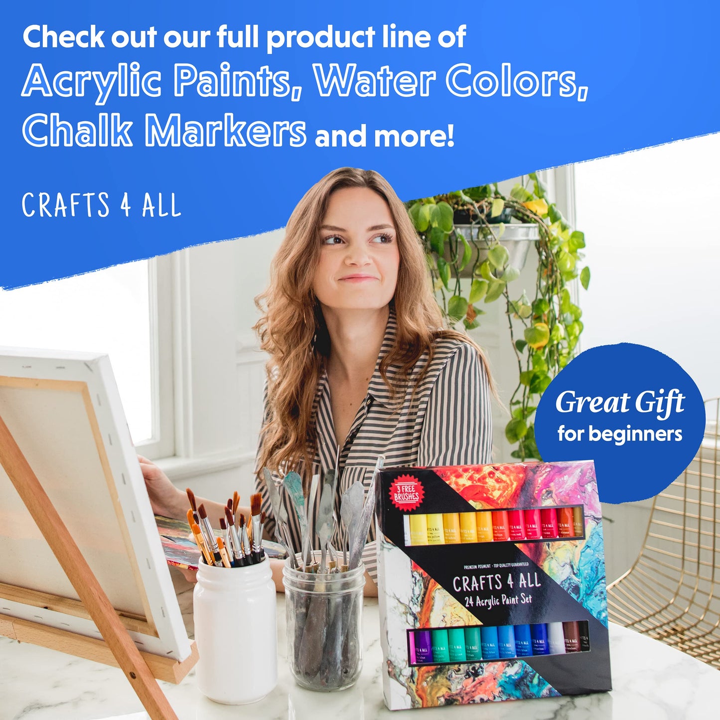 Crafts 4 All Acrylic Paint Set for Adults and Artists - 24 Pack of 12mL Paints with 3 Art Brushes, Non-Toxic Craft Paint for Easter Eggs, Ceramic Rock- Art Supplies