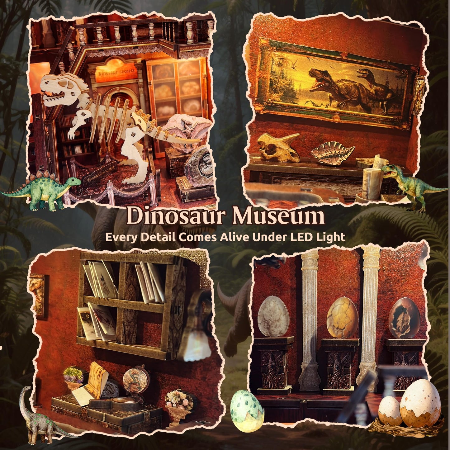 Soothee DIY Book Nook Kit with LED Lights | 3D Puzzles for Adults & Teens, Miniatures and Model Building Kits for Bookshelf Decor, Relaxing & Unique Gift for Craft Lovers | Dinosaur Museum