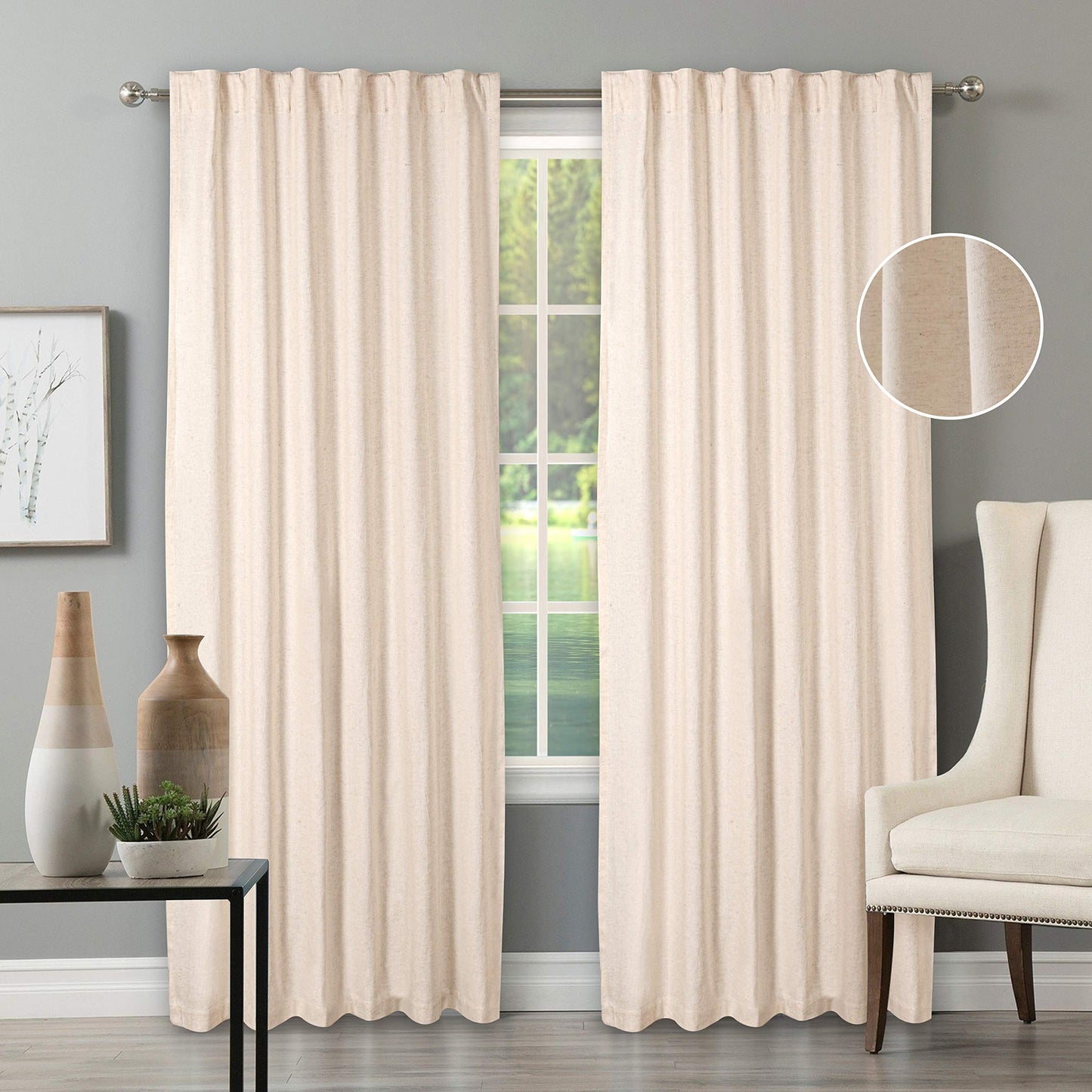 Bedding Craft Natural Taupe Linen Tab Top Curtains – Set of 2, 50x84 Long, Natural Flax Linen Drapes, Window Curtains