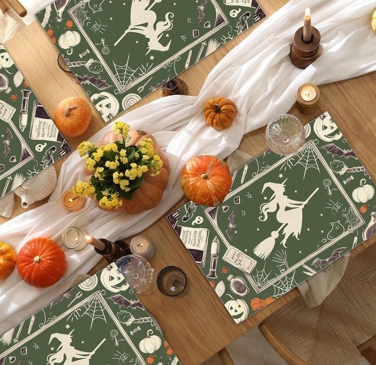 Halloween Bat Placemats Set of 4, 12x18 Inch Pumpkin Witch Table Mats, Washable Heat Resistant Place Mats for Kitchen Dining Table, Halloween Spooky Themed Decoration for Home-B10