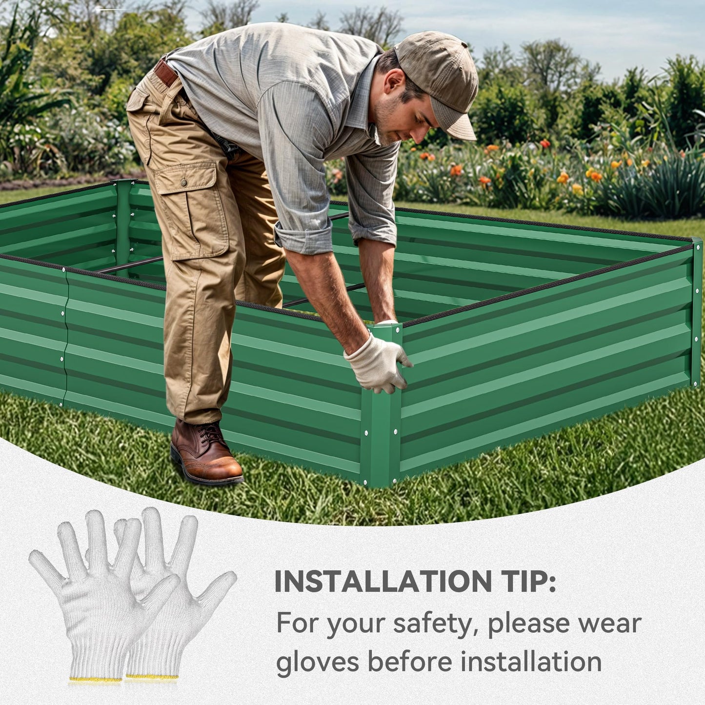 YITAHOME 96x48x12 in 2pcs Galvanized Raised Garden Bed Kit, Large Metal Planter Box with Gloves, Safety Rubber & Support Rod, Green