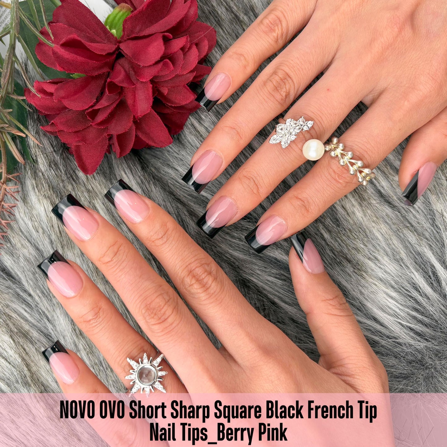 NOVO OVO Short Sharp Square Black French Tip Nail Tips Press on BERRY PINK, Extra Thick NEED Nail Glue Builder Gel Top Coat, Soft Gel Full Cover Fake Flase Nail Extension for DIY x 15 Sizes 240 pcs