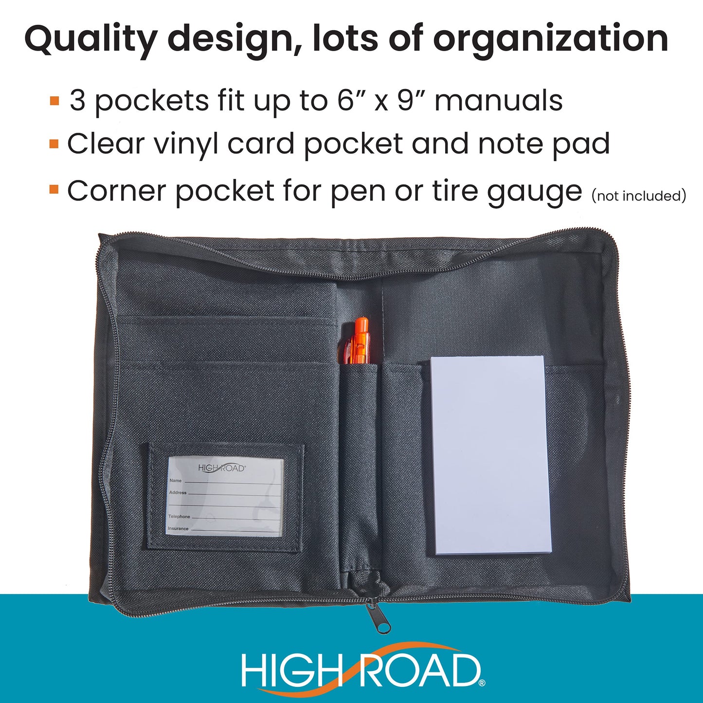 High Road Car Glove Box Organizer, Registration and Insurance Document Holder and Car Manual Holder with Flexible Secure Zippered Case and Note Pad