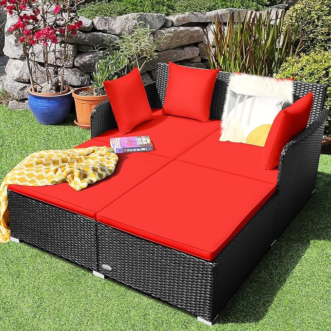 HAPPYGRILL Outdoor Rattan Daybed Patio Loveseat Sofa Set with Padded Cushion Pillows and Sturdy Aluminum Foot, Wicker Patio Furniture for Garden Porch Poolside