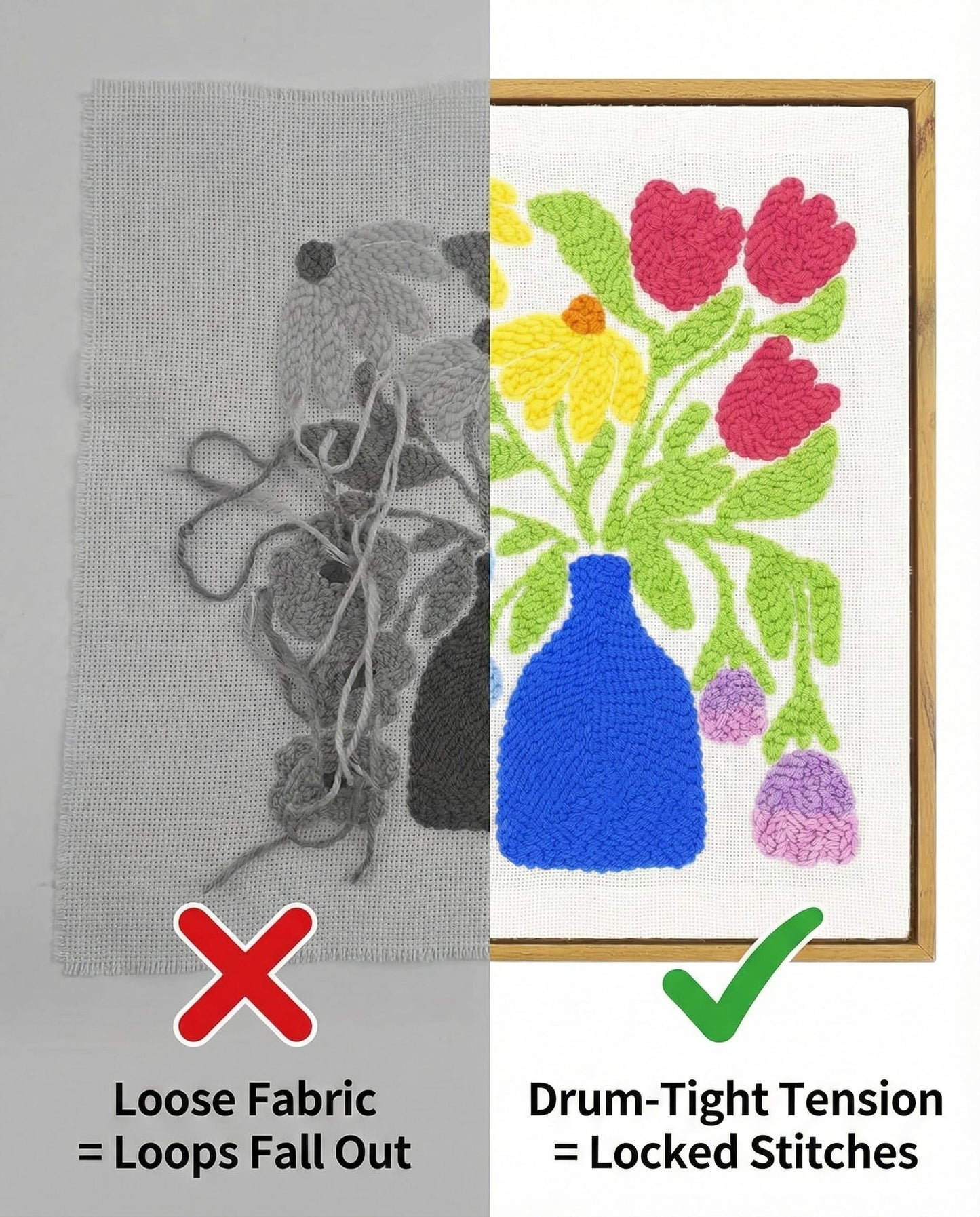 AceList 16" Punch Needle Kit with Wood Display Frame for Adults Beginners, Complete Rug Hooking Set with Adjustable Hoop, 30% Extra Yarn & Pattern Fabric, DIY Home Wall Decor Gift (Flower Vase)