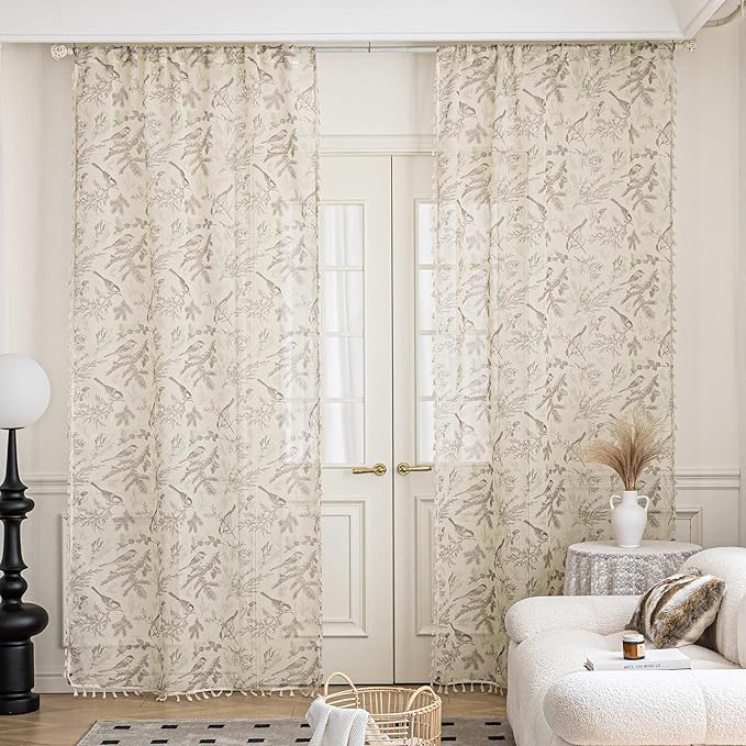 Birds Sheer Curtains 102 inch Long, Fringed Edges and Textured Semi Sheer Curtains Large Window Treatments for Living Room/Bedroom, 2 Panels
