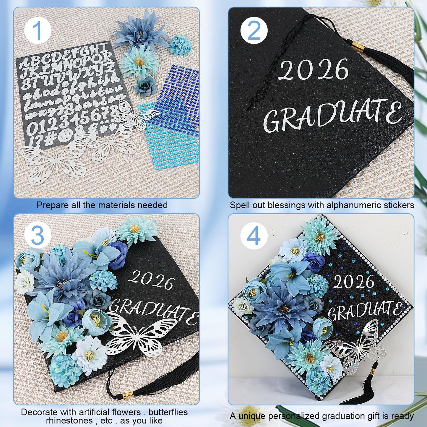 TKNOUS DIY Graduation Cap Decorations Accessory Kit, 3D Butterfly Faux Flower Heads for Grad Hats Decor Rhinestones Stickers Alphabet Letter Stickers Glitter Paper for Cake Wreath Art DIY (Blue)