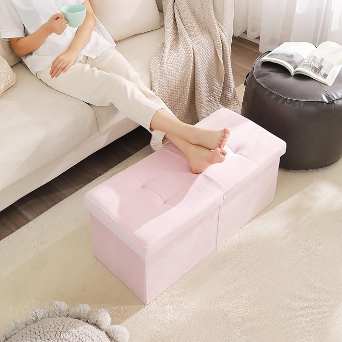 CUYOCA Storage Ottoman Bench Foldable Seat Footrest Shoe Bench End of Bed Storage with Flipping Lid, 75L Storage Space, 30 inches Velvet Pink
