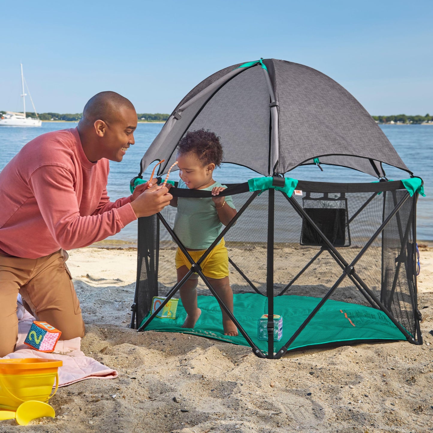 Summer Infant Pop ‘N Play Deluxe Ultimate Playard, Aqua Splash - Full Coverage Indoor/Outdoor Portable Play Pen with Fast, Easy and Compact Fold
