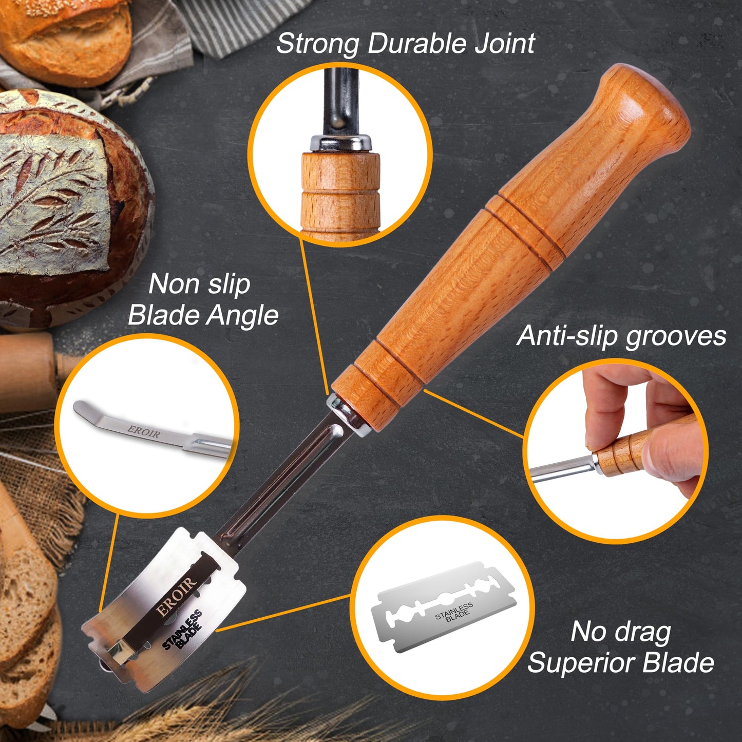 EROIR 13" Danish Dough Whisk Bread Lame Bowl Scraper Set - Dutch Sourdough Whisk Double Eye, Dough Scraper, Bread Scorer with 10 Blades and Leather Cover