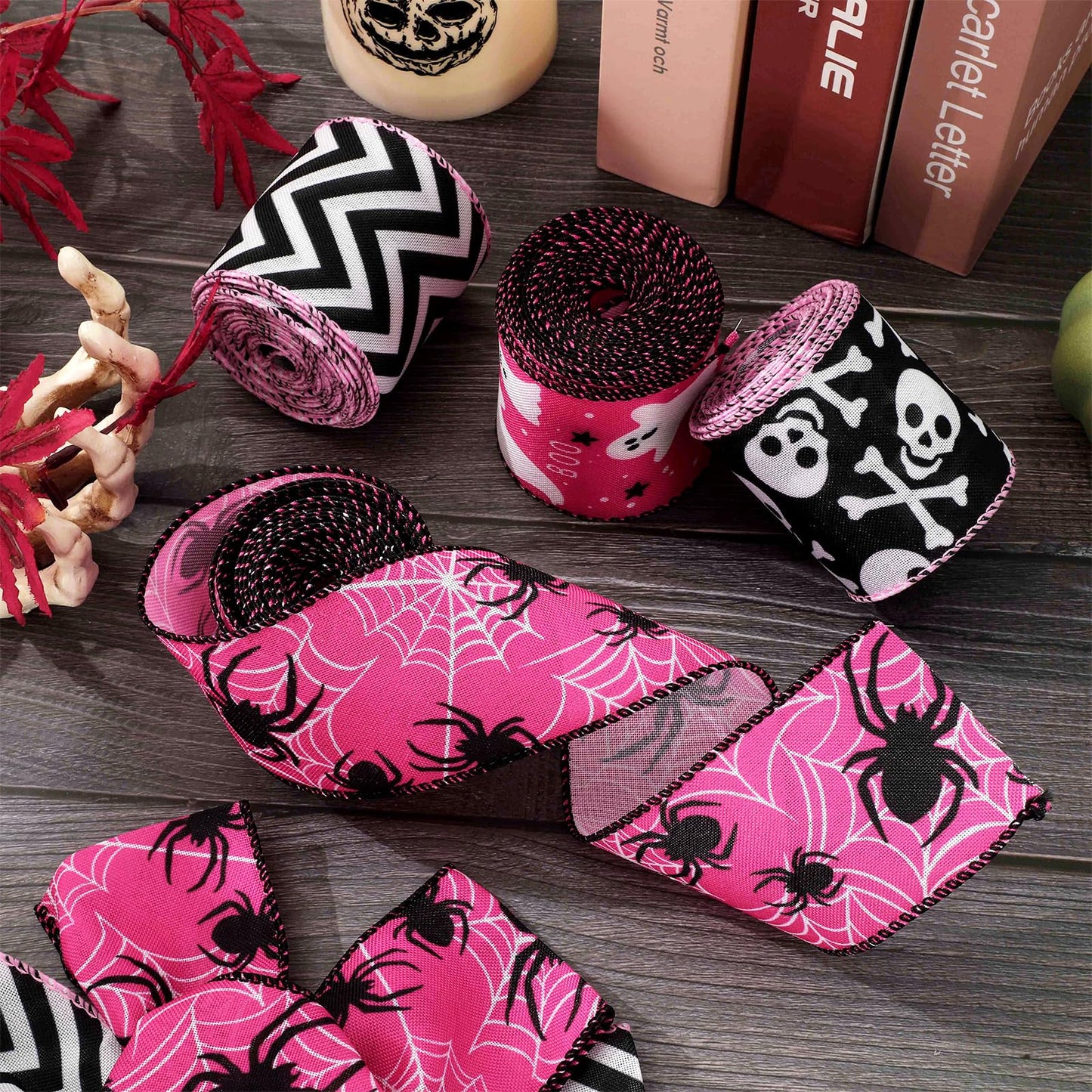 JarThenaAMCS Halloween Wired Edge Ribbons Ghost Skull Fabric Ribbons Pink Black Wrapping Ribbons for DIY Crafts Wreath Bow Making Supplies, 4 Rolls, 24 Yard