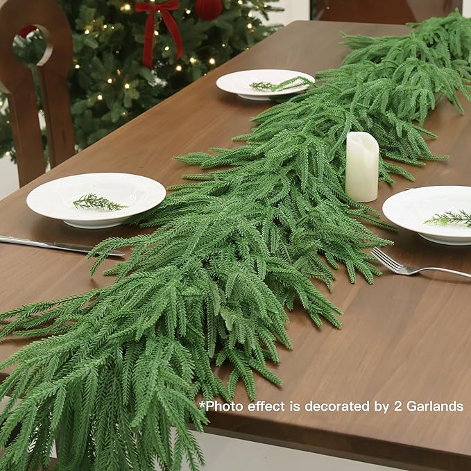 Senjie Christmas Garland Norfolk Pine Garland Real Touch Artificial Greenery Garland for Mantle Fireplace Table Indoor Outdoor Holiday Decortions 5FT 2PCS