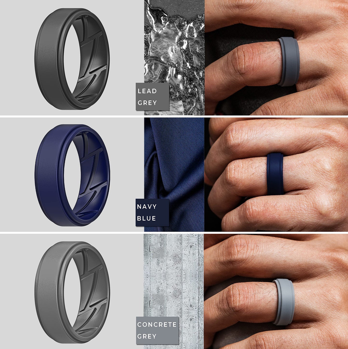 ThunderFit Silicone Wedding Rings for Men Breathable Airflow Inner Grooves, Step Edge Sleek Design Rubber Engagement Bands 8mm Wide 2mm Thick, Variety Multipack 1-7