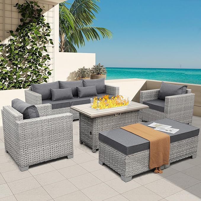WAROOM Patio Furniture Set 6 Piece Grey Wicker Outdoor Furniture Patio Sectional Sofa Couch PE Rattan Conversation Sets with Fire Pit Table, Grey Cushion