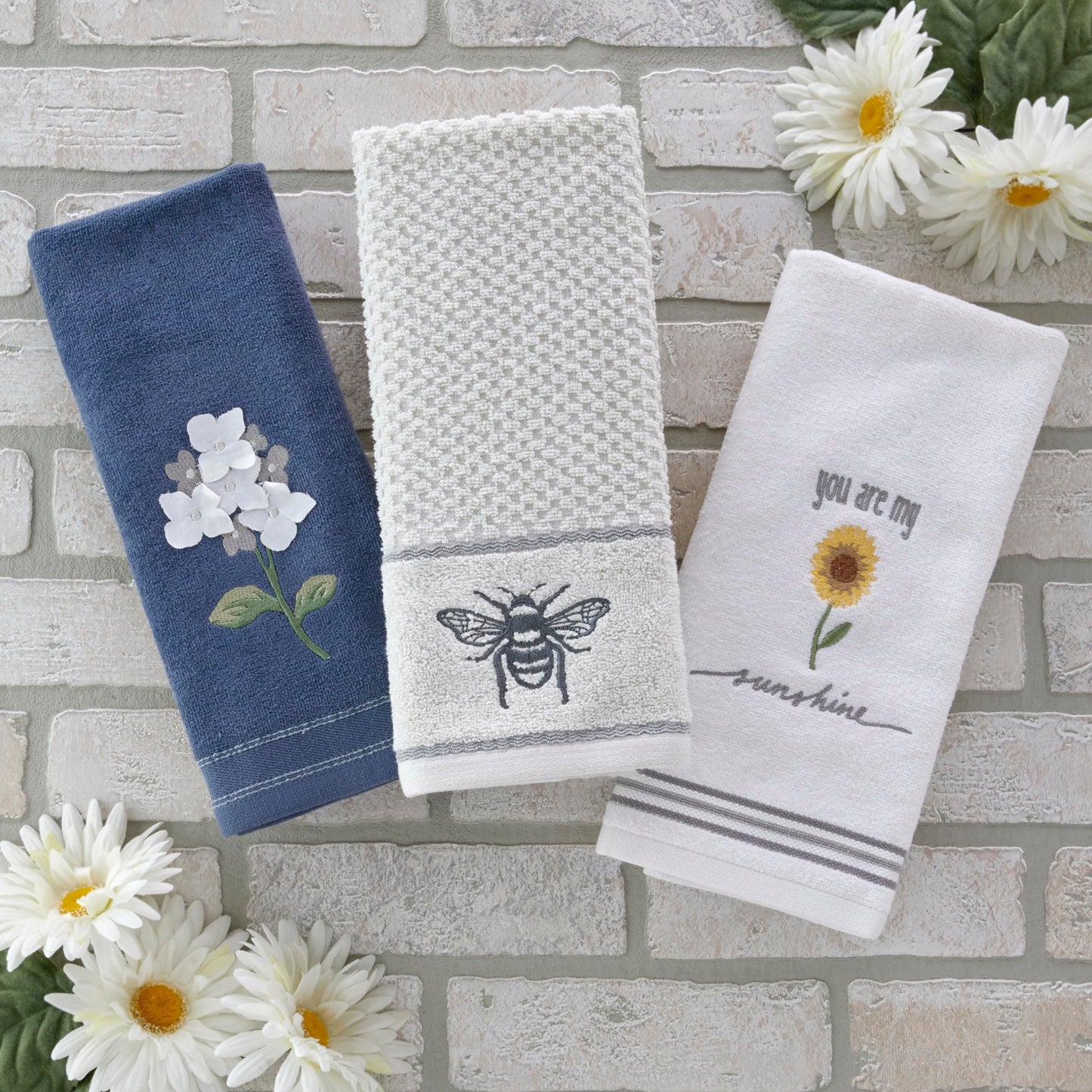 SKL Home Farm Hydrangea 100% Cotton 3D Embroidered 2pc Hand Towel Set, Decorative for Bath/Kitchen/Bar & Gift, Blue