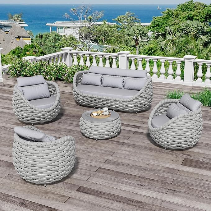 Aluminum Outdoor Patio Couch Set: 5 Pieces Woven Rope Porch Furniture Sofa Set - Metal Modern Deck Conversation Set - All Weather Assembled Courtyard Seating for Backyard Pool Hotel Resort, Grey